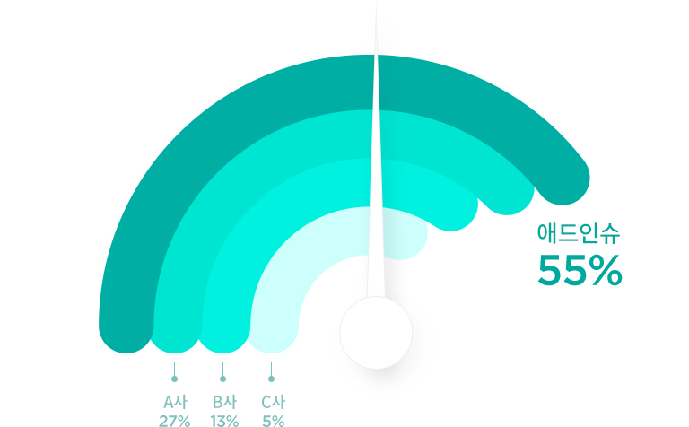 애드인슈55%, A사 27%, B사13%, C사 5%